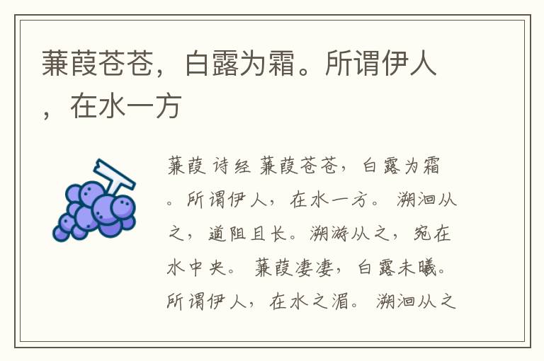  蒹葭苍苍，白露为霜。所谓伊人，在水一方